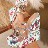 Aneikeh Floral Print Platform Wedge Sandals Slippers Crystal Clear Strap Open Toe High Heel Slides Shoes