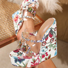 Aneikeh Floral Print Platform Wedge Sandals Slippers Crystal Clear Strap Open Toe High Heel Slides Shoes