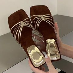Aneikeh Gold Thin Strap Mule Sandals Square Open Toe Metallic Low Heel Slides Casual Dress Mujer