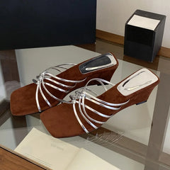 Aneikeh Gold Thin Strap Mule Sandals Square Open Toe Metallic Low Heel Slides Casual Dress Mujer