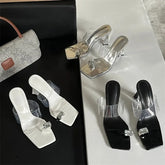 Aneikeh street style Square Toe Crystal Clip Toe Slippers High Heel Clear PVC Mules Slip on Mujer Shoes