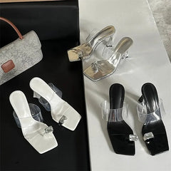 Aneikeh street style Square Toe Crystal Clip Toe Slippers High Heel Clear PVC Mules Slip on Mujer Shoes