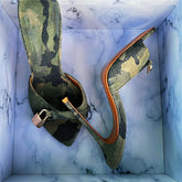 Arden Furtado Camouflage pointed Metal buckle Slippers Open toe Super high heel Word slippers wear Mules