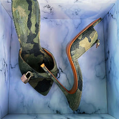 Arden Furtado Camouflage pointed Metal buckle Slippers Open toe Super high heel Word slippers wear Mules