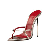Arden Furtado Pointed to thin heels Metal buckle Slippers Super high heel Word slippers Extra-large size Mules