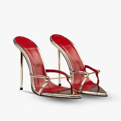 Arden Furtado Pointed to thin heels Metal buckle Slippers Super high heel Word slippers Extra-large size Mules