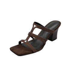 Arden Furtado Sheep suede Open toe Word slippers Square toe Narrow BChunky heels Large size slippers
