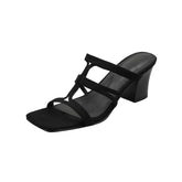 Arden Furtado Sheep suede Open toe Word slippers Square toe Narrow BChunky heels Large size slippers