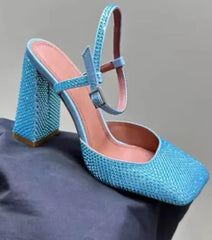 Arden Furtado Square-head Shallow Super high heel Crystal word-cingulate Closed toe Sandals Elegant Banquet shoes