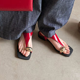 Arden Furtado cowhide Pinch toe T-Strap sandals Square toe Low heel Large size Open toe word-cingulate sandals