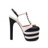 Arden Furtado cowhide Platform rivet Mixed Colors Catwalk shoes round toe Super high heel T belt Roman sandals