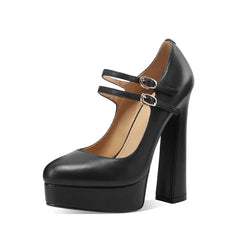 Arden Furtado Beige cowhide platform high-heeled shoes round toe Chunky heels Double-row buckle Pumps Mary jane shoes