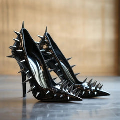 Arden Furtado Black Patent Leather Rivet Pumps Shoe Pointed Toe Shallow Super High Heel Catwalk Shoes Shoes