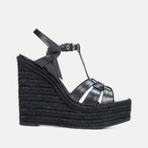 Arden Furtado Belt buckle cowhide straw weaving Wedges Sandals Round toe Open toe Super high heel T-Strap Sandals