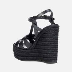 Arden Furtado Belt buckle cowhide straw weaving Wedges Sandals Round toe Open toe Super high heel T-Strap Sandals