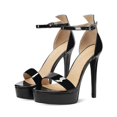 Arden Furtado Black Cow patent leather Platform Sandals Round toe Super high heel One word buckle Sandals large size