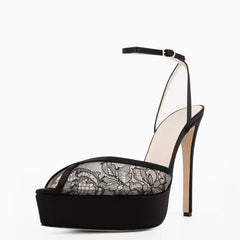 Arden Furtado Black Lace Peep toe Banquet Shoes Pointed-toe platform Stilettos heels One word buckle Sandals