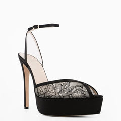 Arden Furtado Black Lace Peep toe Banquet Shoes Pointed-toe platform Stilettos heels One word buckle Sandals