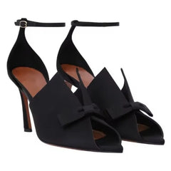 Arden Furtado Black Satin bowknot Peep toe Wedding shoes Pointed toe Super high heel One word buckle Sandals