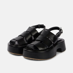 Arden Furtado Black cowhide Wedges Sandals Rome shoes Round toe platform High-heeled One-word bClosed toe Sandals