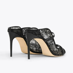 Arden Furtado Black lace Peep toe Slippers Square toe pull-on Super high heel Sexy Word slippers wear Mules