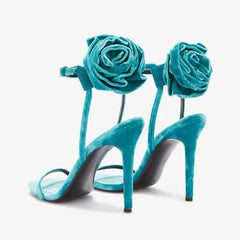 Arden Furtado Blue velvet flower Banquet shoes Round toe Super high heel One word buckle Sandals Extra large size