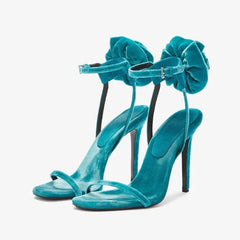 Arden Furtado Blue velvet flower Banquet shoes Round toe Super high heel One word buckle Sandals Extra large size