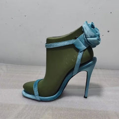 Arden Furtado Blue velvet flower Banquet shoes Round toe Super high heel One word buckle Sandals Extra large size
