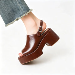 Arden Furtado Brown cowhide Wedges Sandals Peep toe shoes Round toe Open toe High-heeled One word buckle Sandals