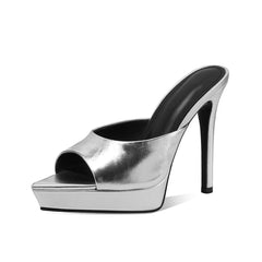 Arden Furtado Cow patent leather Peep toe Slippers Pointed toe Platform Super high heel Word slippers Modern Mules