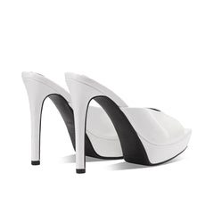 Arden Furtado Cow patent leather Peep toe Slippers Pointed toe Platform Super high heel Word slippers Modern Mules