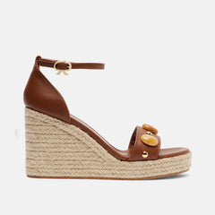 Arden Furtado Style Brown Cowhide Rivet Wedges Sandals Round Toe Open Toe Super High Heel One Word Buckle Sandals