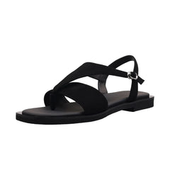 Arden Furtado style Sheep suede Pinch toe Sandals Square toe Flat T belt Buckle strap Open toe Roman sandals