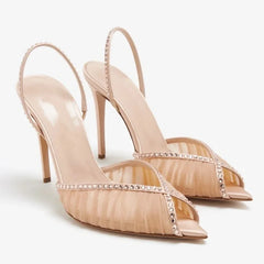 Arden Furtado Nude Mesh Pleated Banquet Shoes Pointed to Stilettos heels Back Strap Crystal Sexy Peep toe Sandals