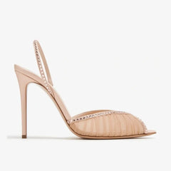 Arden Furtado Nude Mesh Pleated Banquet Shoes Pointed to Stilettos heels Back Strap Crystal Sexy Peep toe Sandals