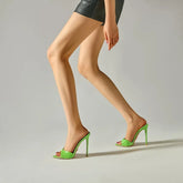 Arden Furtado Patent Leather Pointed Slip-on Thin heel Super high heel Sexy Word slippers wear Open toe Mules