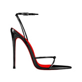 Arden Furtado Patent Leather Pointed toe Belt buckle Super high heel Diamond chain Open toe One word buckle sandals
