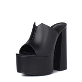 Arden Furtado Peep toe Platform Super high heel Word slippers Extra large size Black Round toe Pull-on Mules