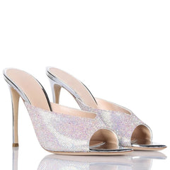 Arden Furtado Peep toe Slippers Pointed toe pull-on Super high heel Sexy Crystal Word slippers wear Mules