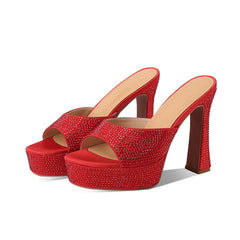 Arden Furtado Platform Silk Peep Toe Slippers Crystal Embellished Super High Heel round Toe Dinner Word Slippers Large Si