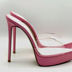 Arden Furtado Platform Stiletto Heel Transparent PVC Peep toe Slippers Pointed Super high heel large size Dinner Mules