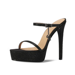 Arden Furtado Platform Stiletto heel Silk Slippers Round toe Super high heel Crystal Dinner Mules Word slippers
