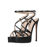 Arden Furtado Round toe Platform Super high heel Cross buckle Open toe Rome Sandals Silver banquet shoes Extra large size
