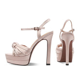 Arden Furtado Satin Platform bowknot Banquet shoes round toe Super high heel Sexy One word buckle Sandals large size