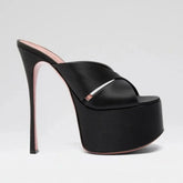 Arden Furtado Satin Platform thin heels Peep toe Mules Round toe Super high heel Word slippers Catwalk shoes