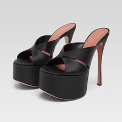 Arden Furtado Satin Platform thin heels Peep toe Mules Round toe Super high heel Word slippers Catwalk shoes