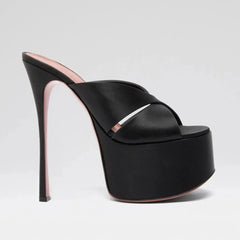 Arden Furtado Satin Platform thin heels Peep toe Mules Round toe Super high heel Word slippers Catwalk shoes