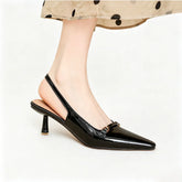 Arden Furtado Sheep patent leather Pointed-toe Stilettos heels sling back shoes Metal buckle Office lady Modern Sandals