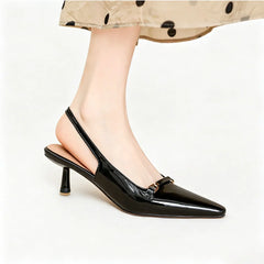 Arden Furtado Sheep patent leather Pointed-toe Stilettos heels sling back shoes Metal buckle Office lady Modern Sandals