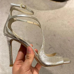 Arden Furtado Silk Peep Toe Square Toe Cross Strap Belt Buckle Word-Cingulate Dinner Open Toe Sandals Large Size